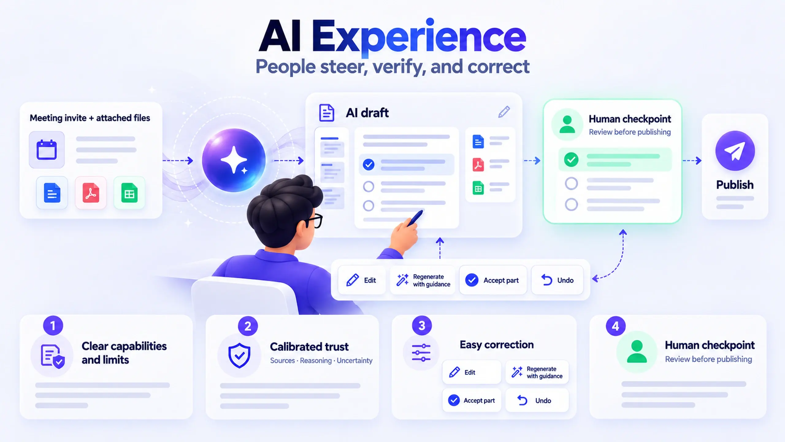 AI Experience flow: a meeting invite and attached files go to an AI that produces a draft, a person edits it with edit, regenerate with guidance, accept part, and undo controls, then a human checkpoint reviews it before publishing, with four principles below: clear capabilities and limits, calibrated trust, easy correction, and a human checkpoint