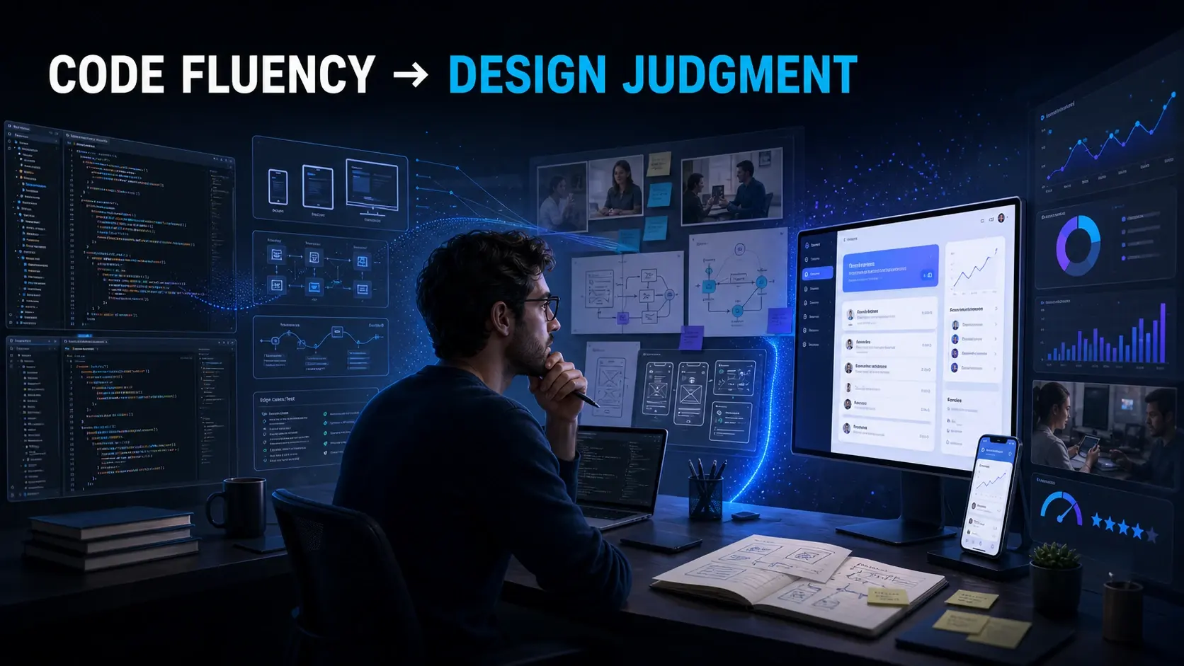 A designer surrounded by code editors, component diagrams, and product dashboards, illustrating the shift from code fluency to design judgment