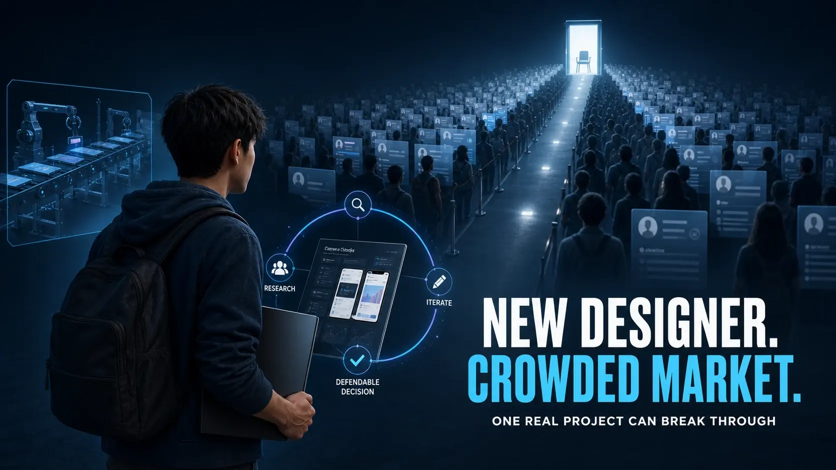A junior designer facing a long line of interchangeable applicants for a single open chair, with research, iteration, and a defendable decision as the way through