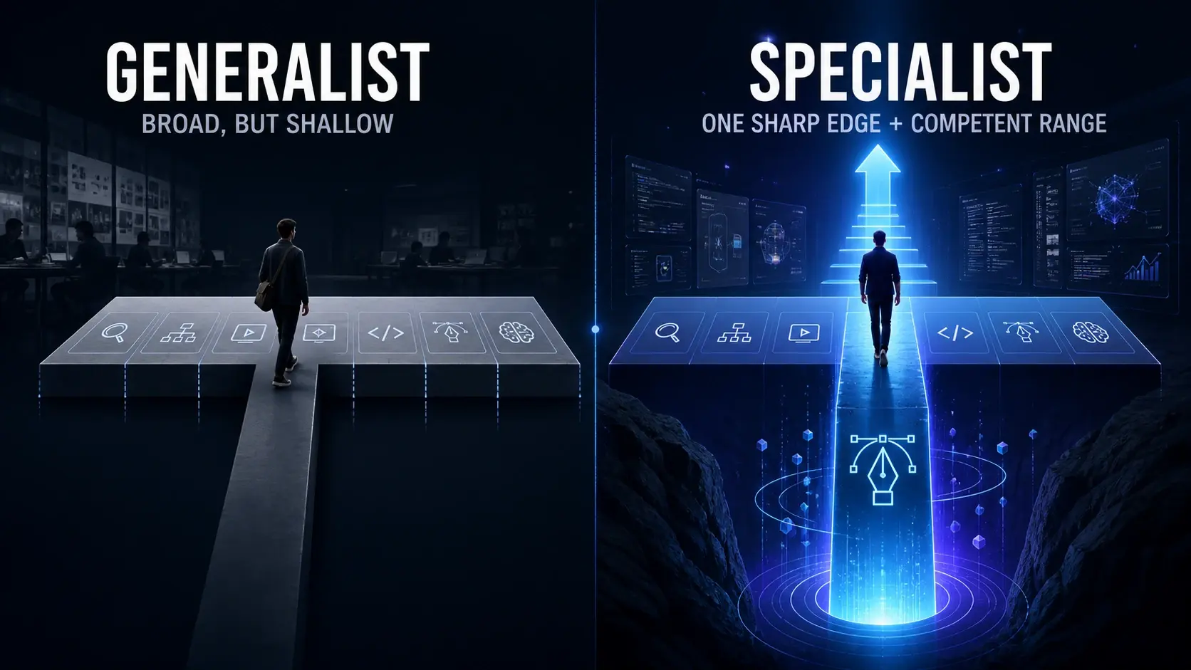 Illustration contrasting a generalist designer walking a flat, broad path against a specialist designer climbing a focused path with one sharp skill and competent range around it