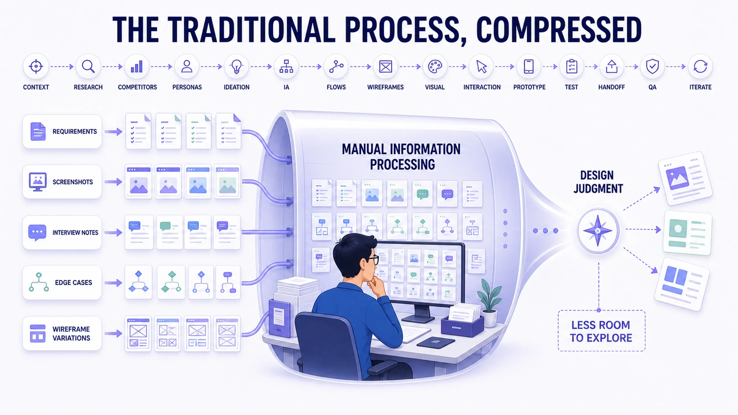 Diagram of the traditional product design pipeline, from context through iteration, funneling requirements, screenshots, interview notes, and wireframe variations through manual processing before reaching design judgment