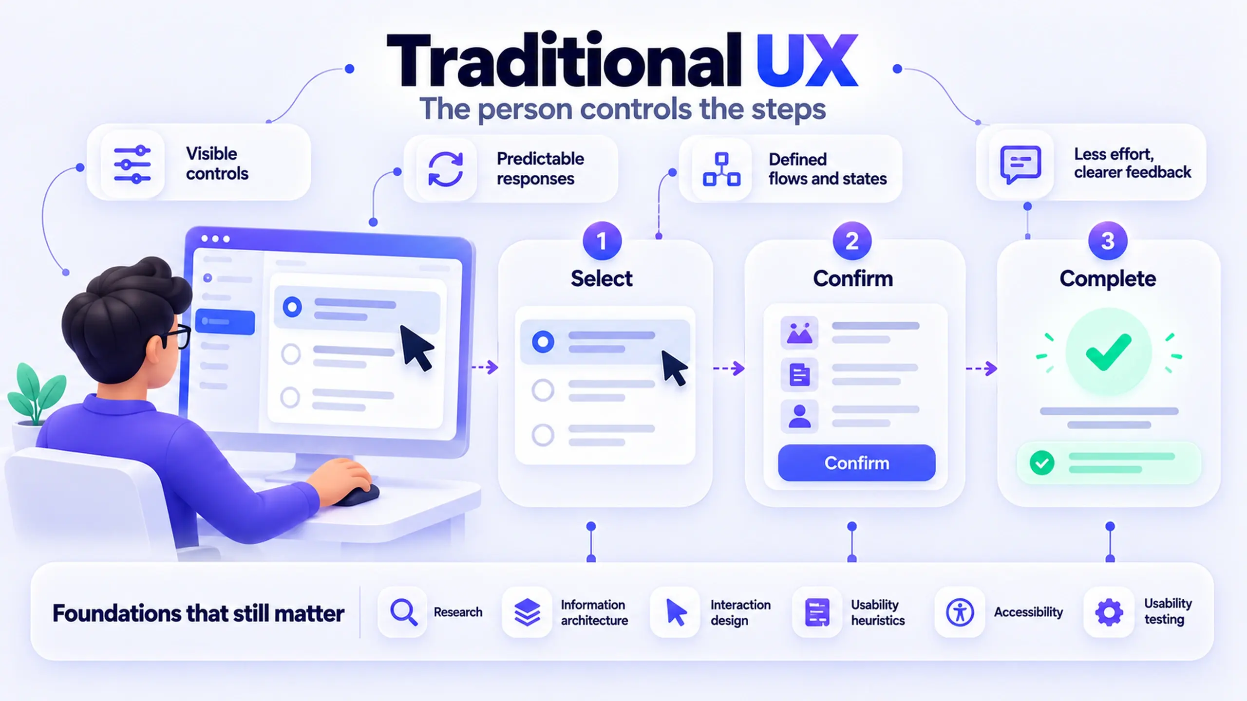 Traditional UX diagram: a person at a computer moves through a select, confirm, complete flow, with visible controls, predictable responses, defined flows and states, and clearer feedback, above six foundations: research, information architecture, interaction design, usability heuristics, accessibility, and usability testing