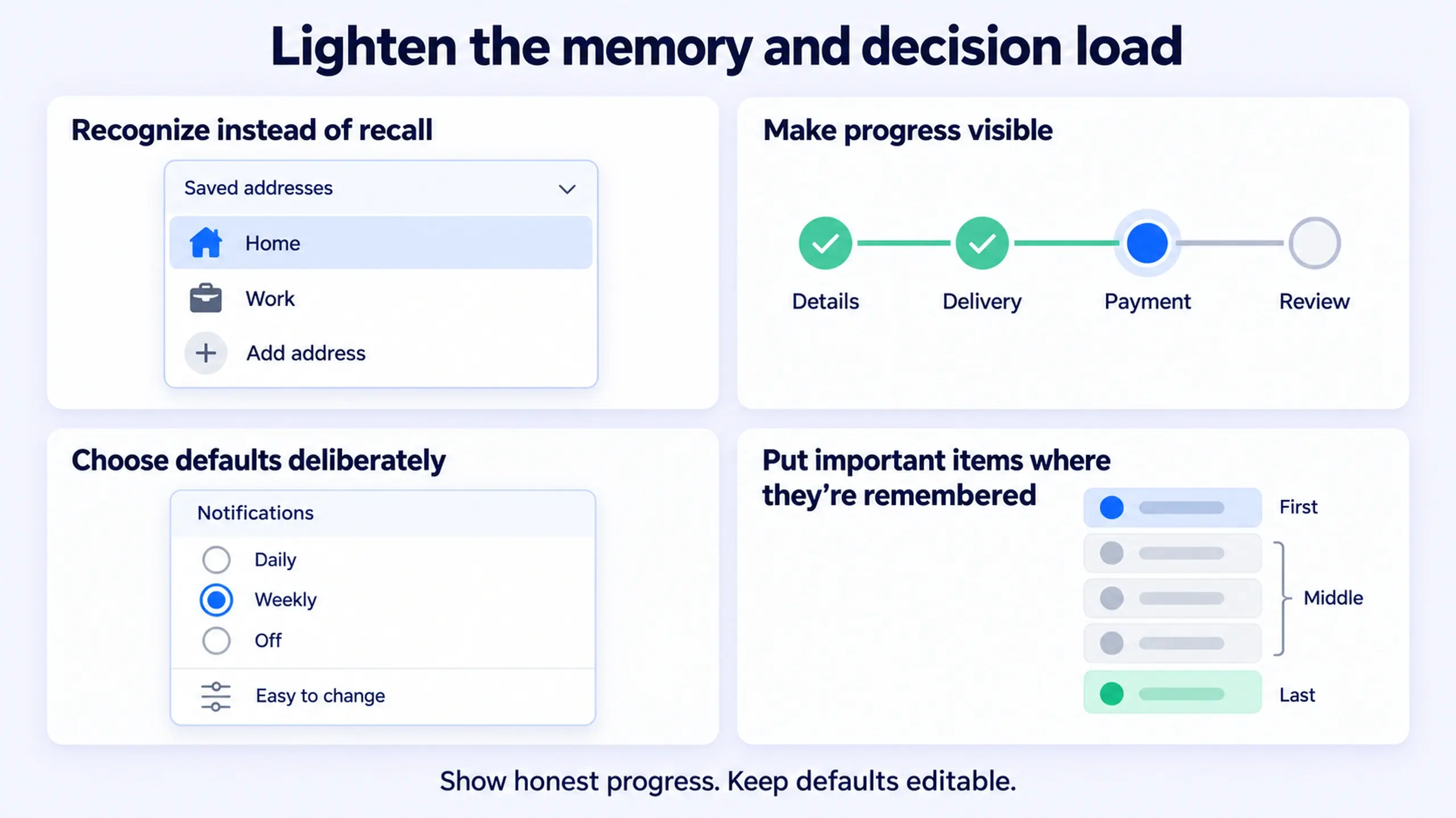 Editorial illustration of UX principles that reduce memory and decision load: recognition over recall, goal-gradient effect, defaults, and the serial position effect