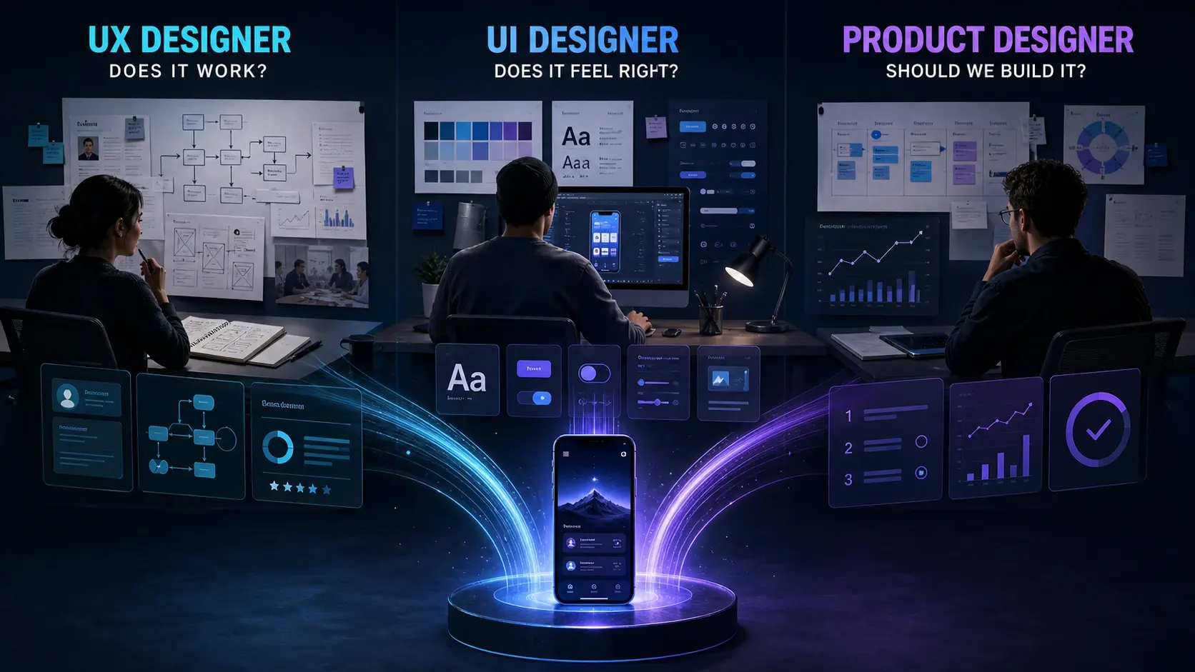 Side-by-side comparison of a UX designer, UI designer, and product designer, each asking a different core question: does it work, does it feel right, and should we build it