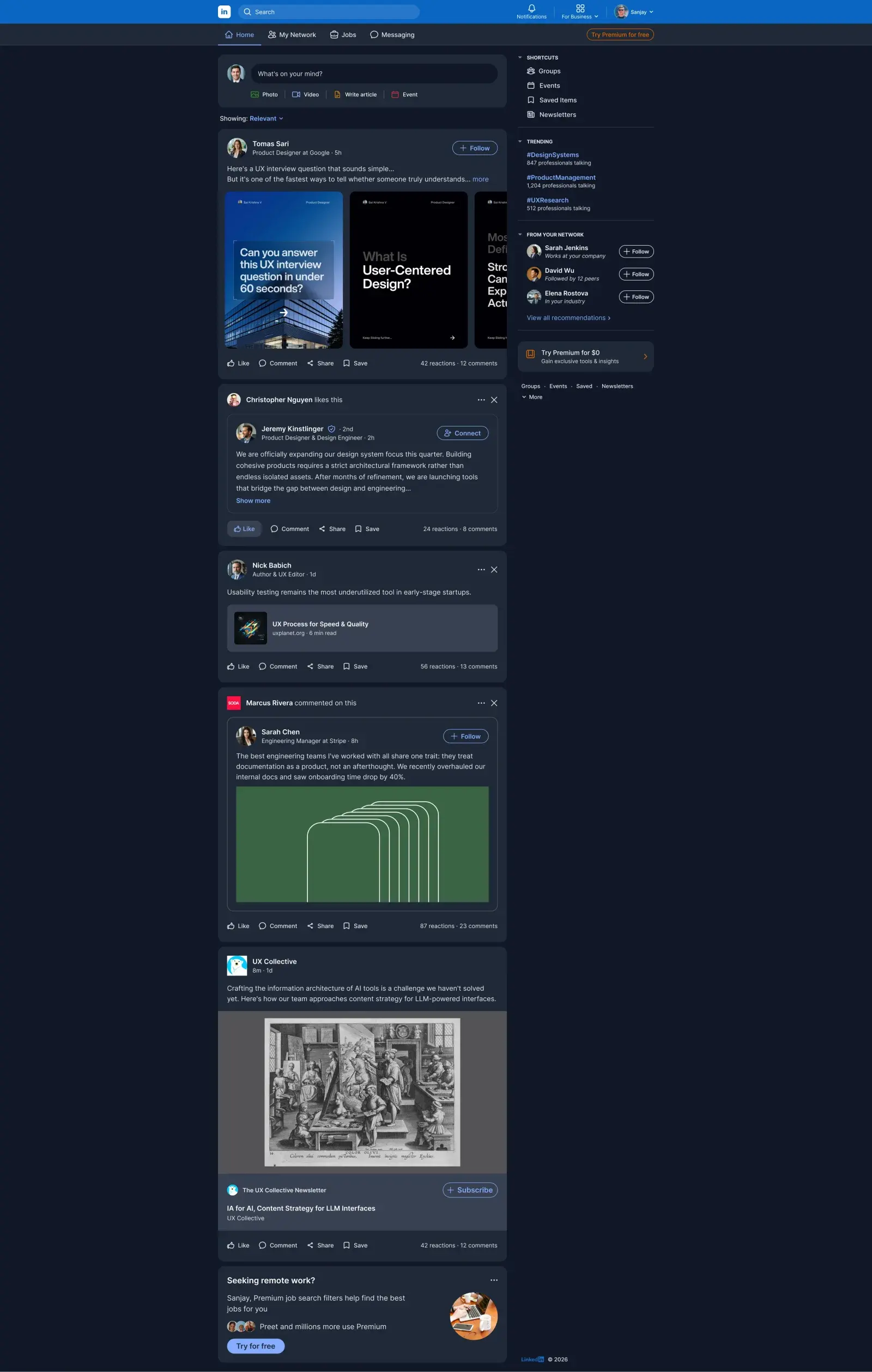 Final redesigned LinkedIn homepage feed shown in dark mode, with the split navigation, two-column layout, sticky right rail, and labeled engagement actions
