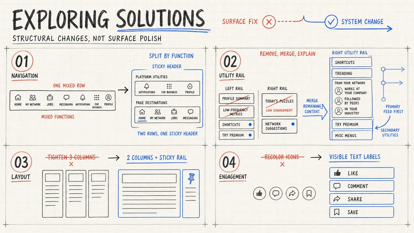 Sketches comparing lighter-touch alternatives considered for the LinkedIn feed redesign against the structural fixes ultimately chosen — a contrast-only nav fix, a divider-only profile card fix, and higher-contrast icon-only reactions