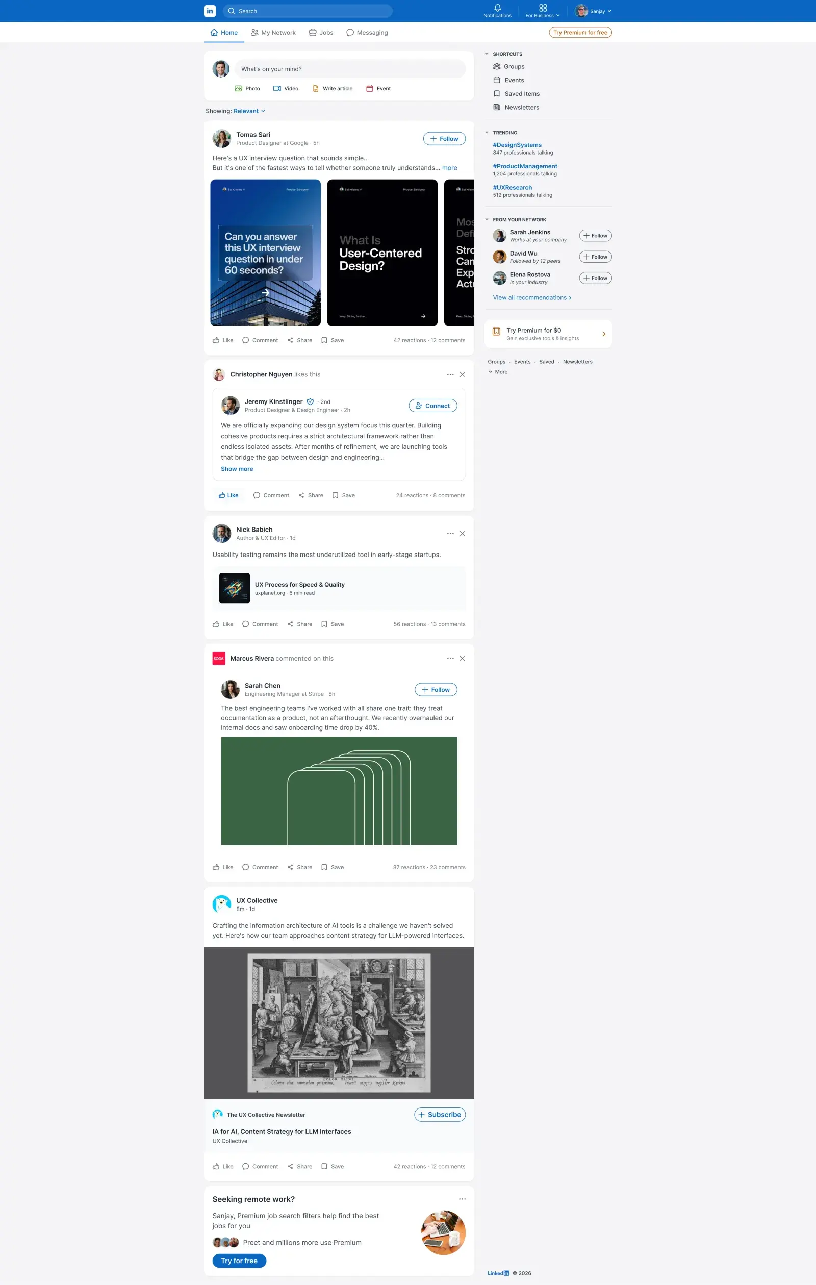 Final redesigned LinkedIn homepage feed shown in light mode, with the split navigation, two-column layout, sticky right rail, and labeled engagement actions