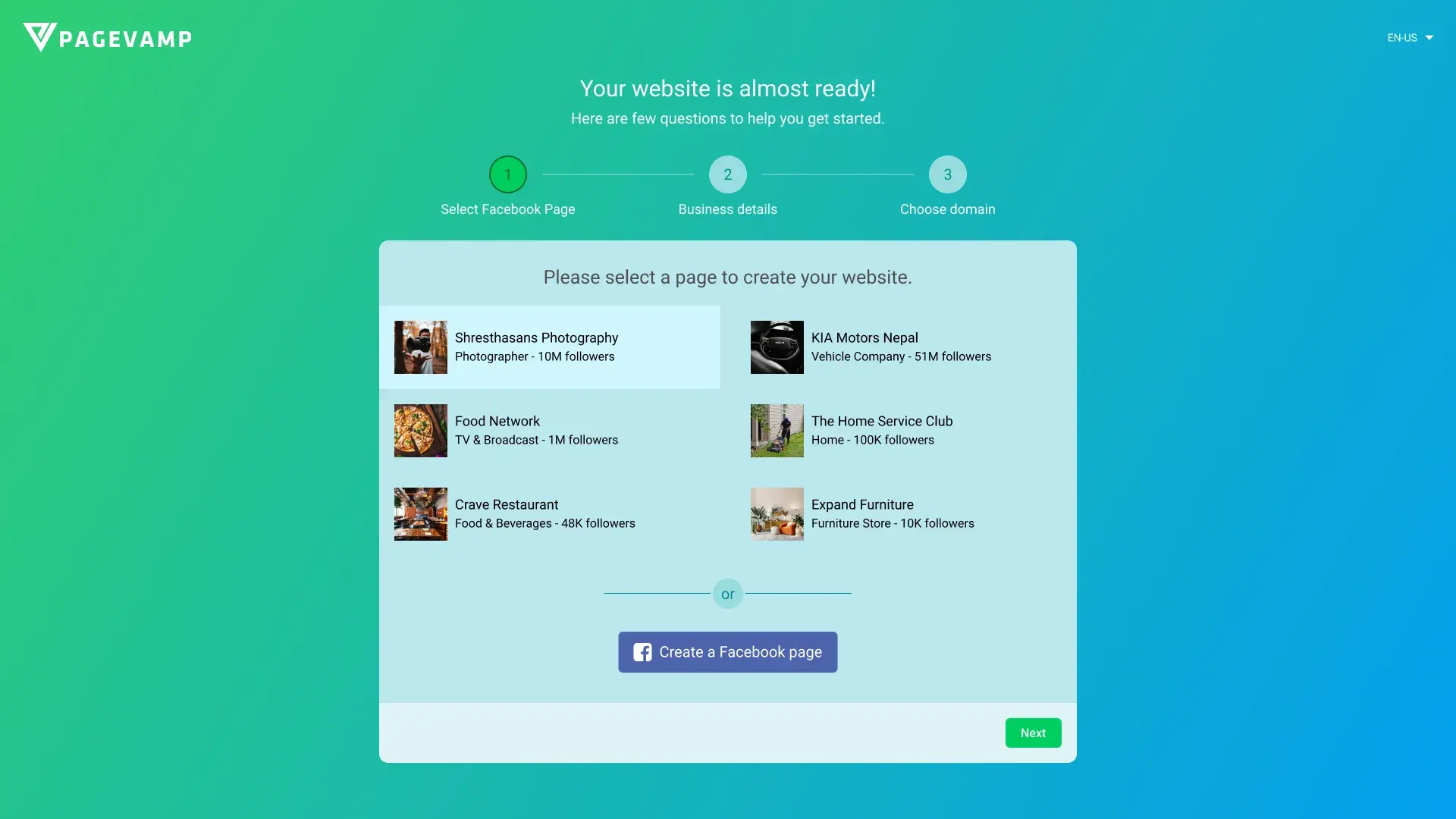 Onboarding screen guiding a user without an existing Facebook Page to create one