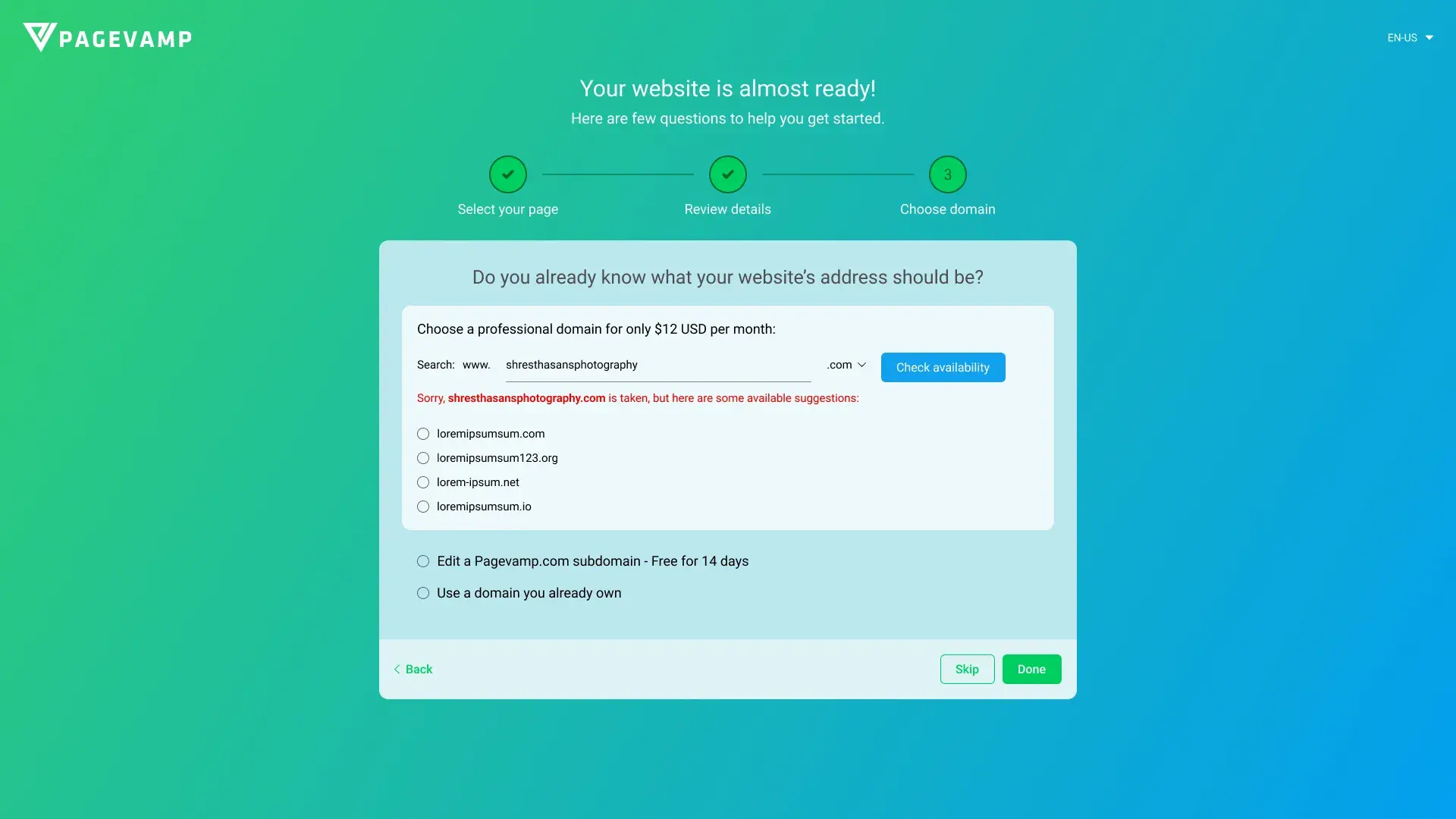 Onboarding screen offering to buy a new custom domain during setup