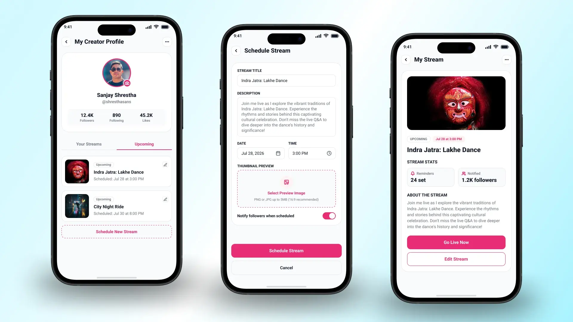 Creator profile with an Upcoming tab, the schedule-stream form, and the resulting upcoming-stream card