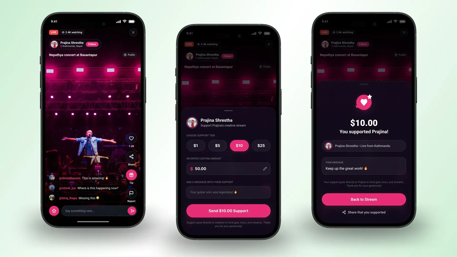 Live stream chat with a tip action, a support-tier picker with preset and custom amounts, and a support confirmation screen
