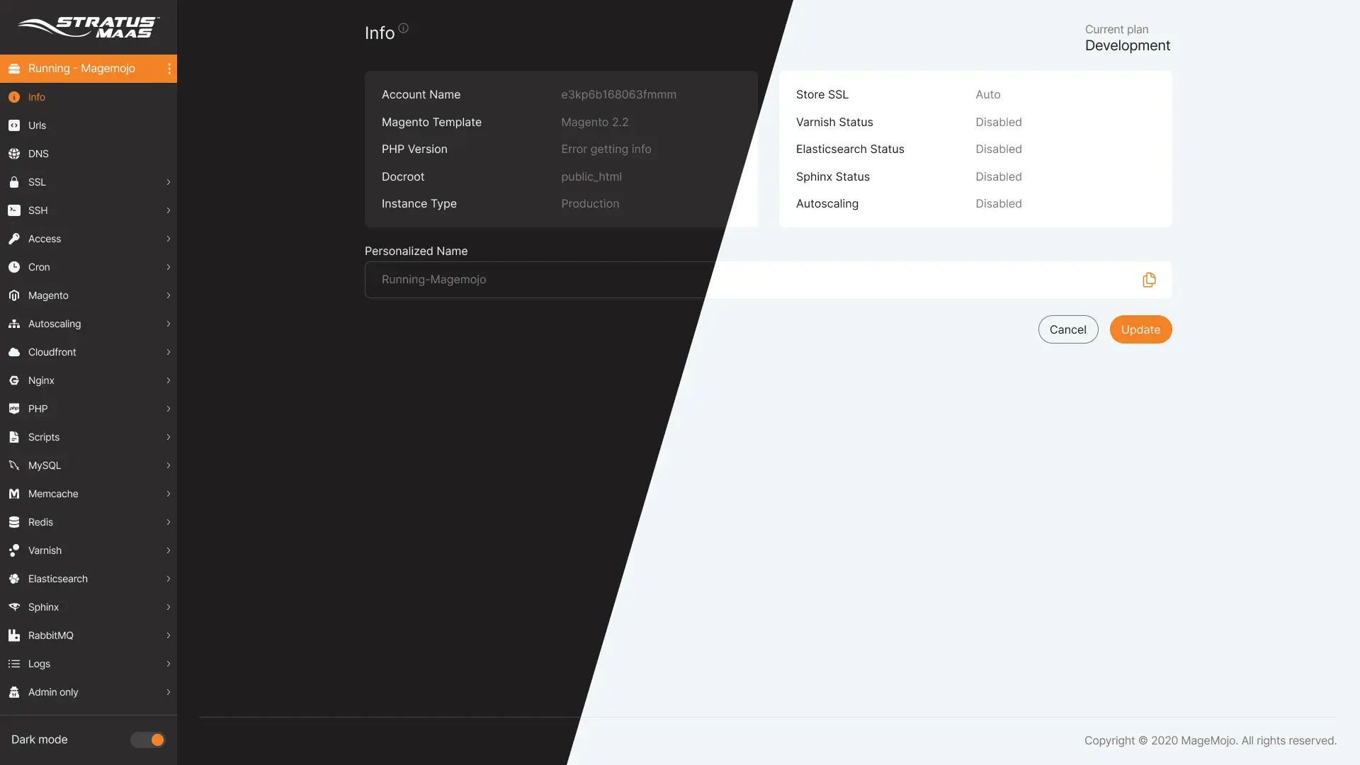Original Stratus control panel exposing raw technical vocabulary and scattered status indicators
