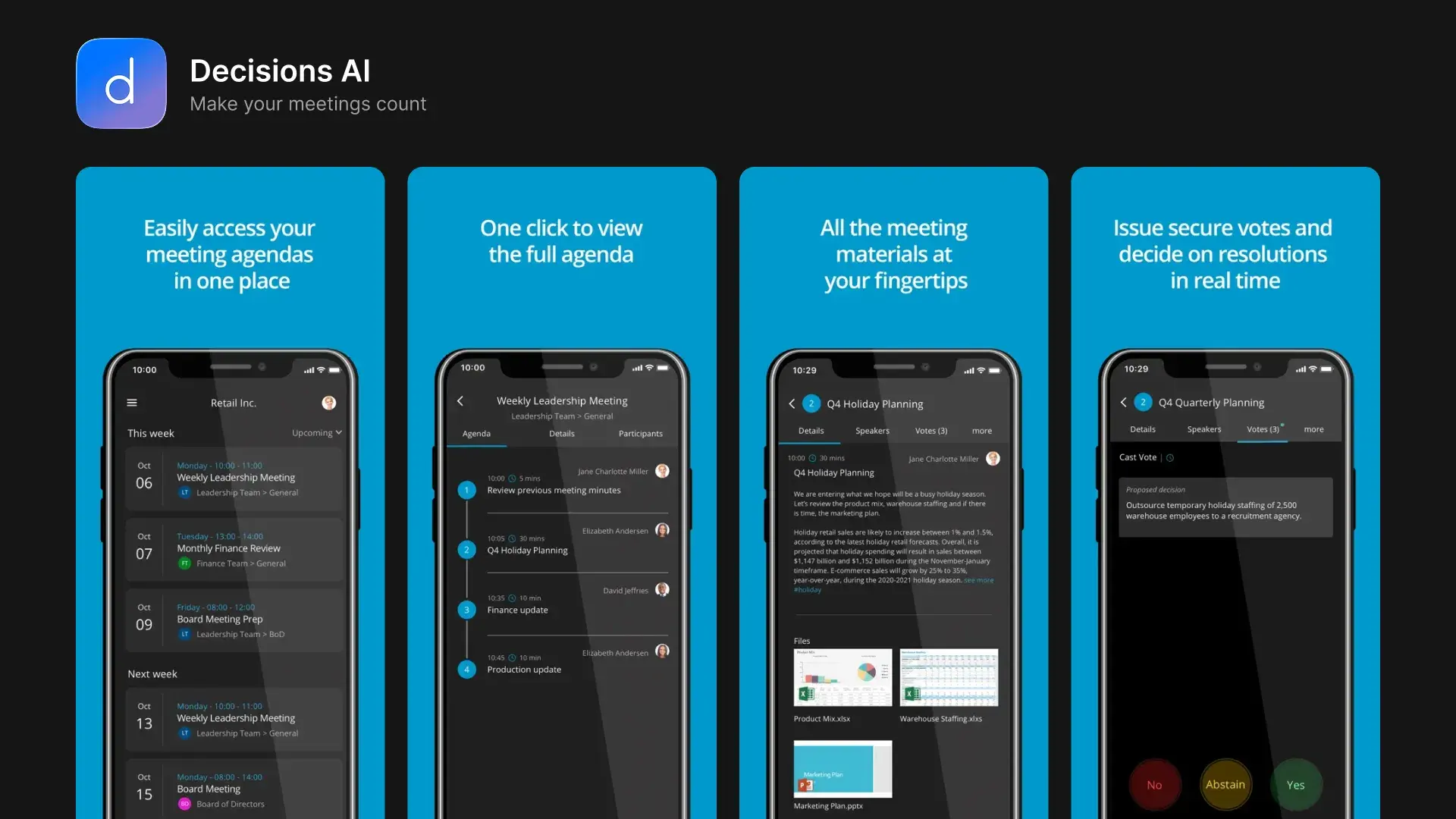 Four Decisions AI mobile screens: weekly meeting list, itemized agenda, meeting files and notes, and a secure vote in progress with Yes/No/Abstain options