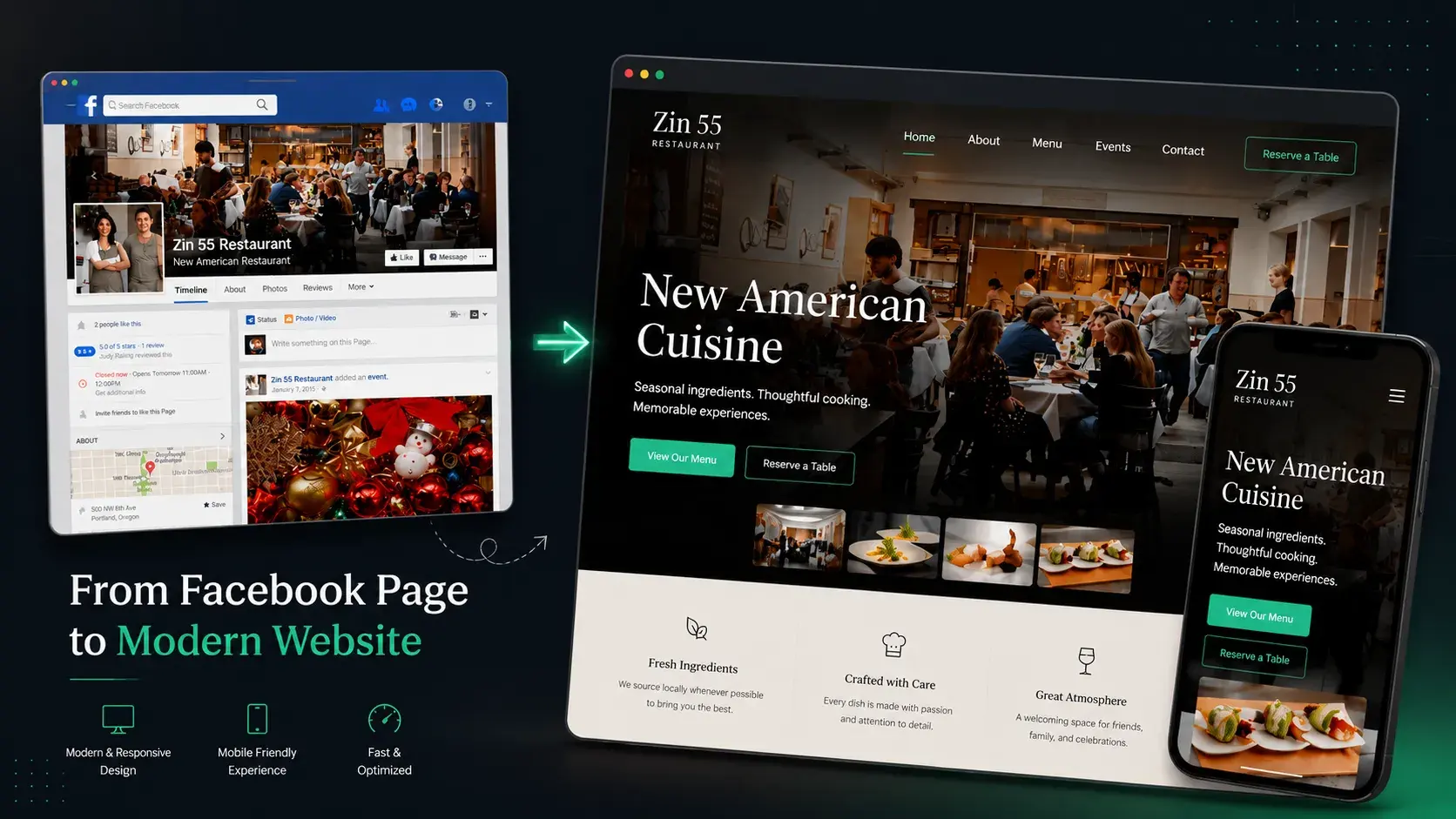 A restaurant’s old Facebook Page next to the modern, responsive website Pagevamp generated from it, shown on desktop and mobile
