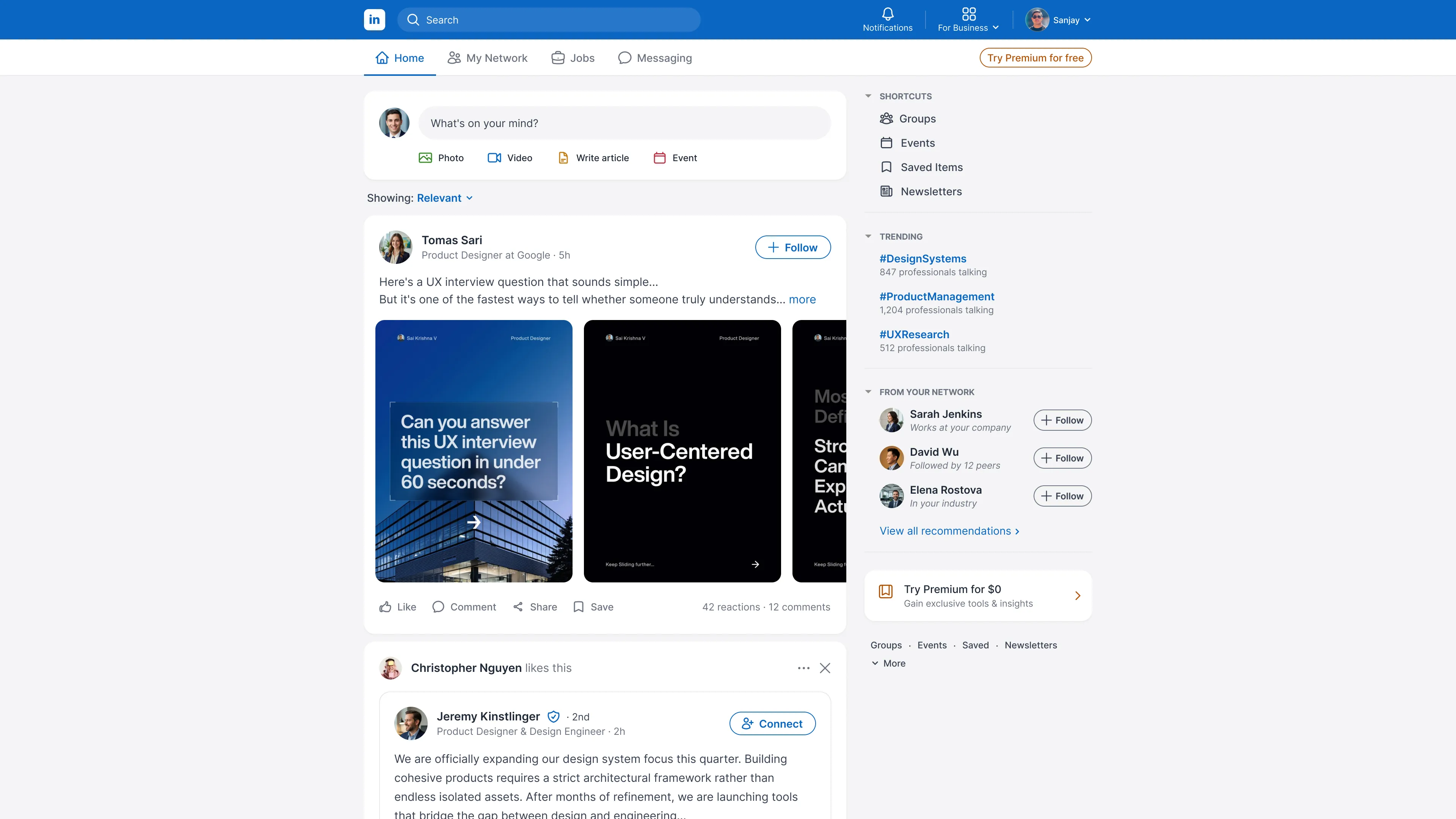 Redesigned LinkedIn homepage feed after the redesign