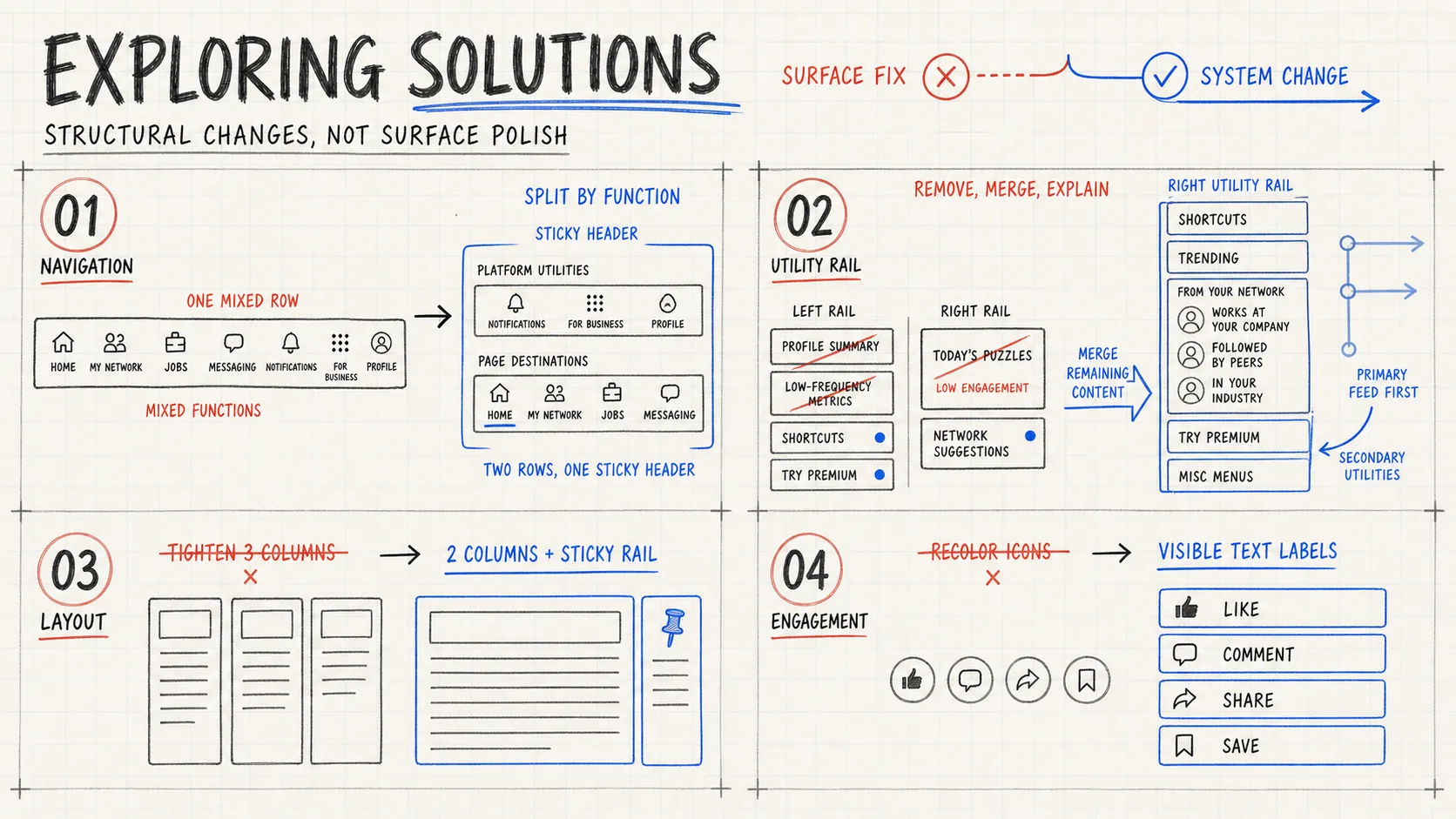 Sketches comparing lighter-touch alternatives considered for the LinkedIn feed redesign against the structural fixes ultimately chosen — a contrast-only nav fix, a divider-only profile card fix, and higher-contrast icon-only reactions