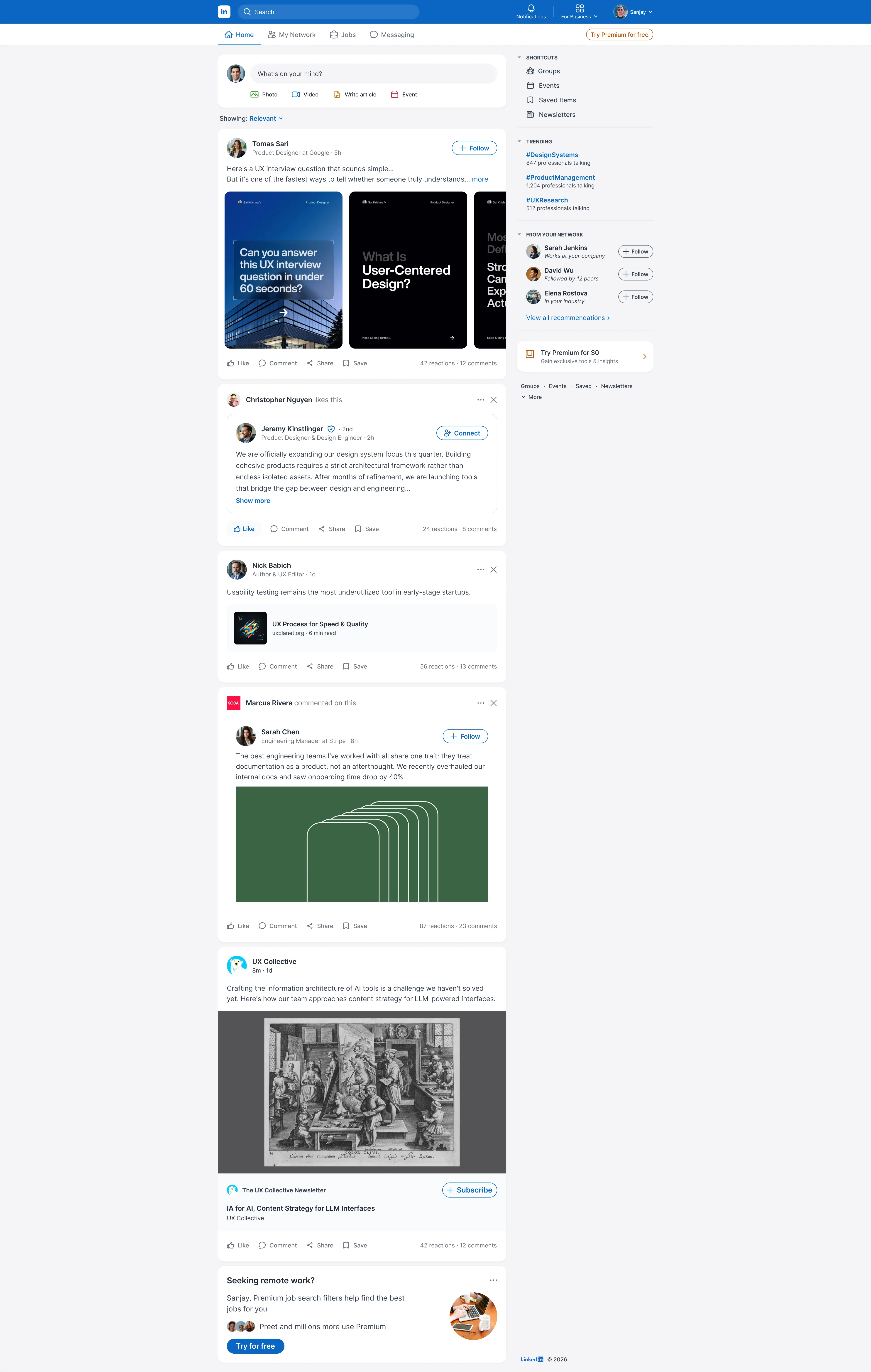 Final redesigned LinkedIn homepage feed shown in light mode, with the split navigation, two-column layout, sticky right rail, and labeled engagement actions