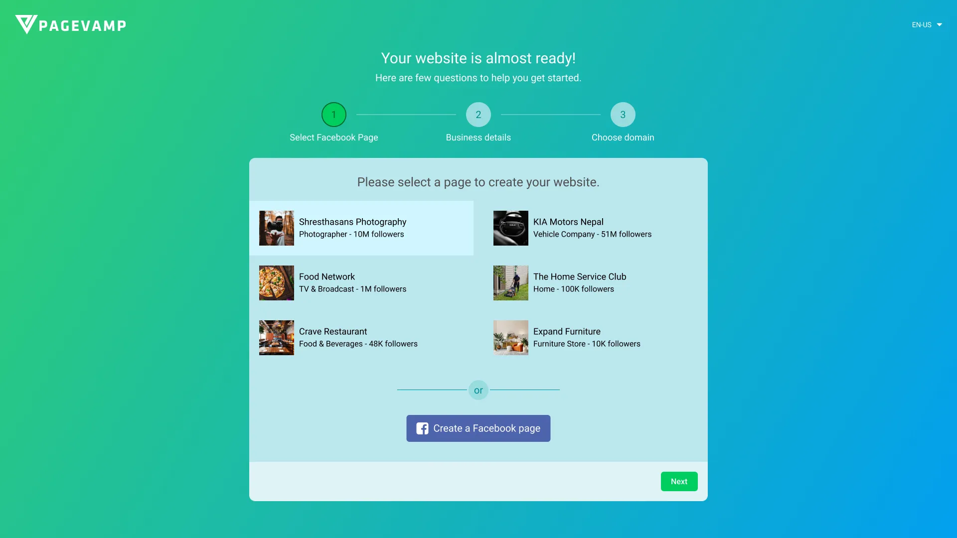 Onboarding screen guiding a user without an existing Facebook Page to create one