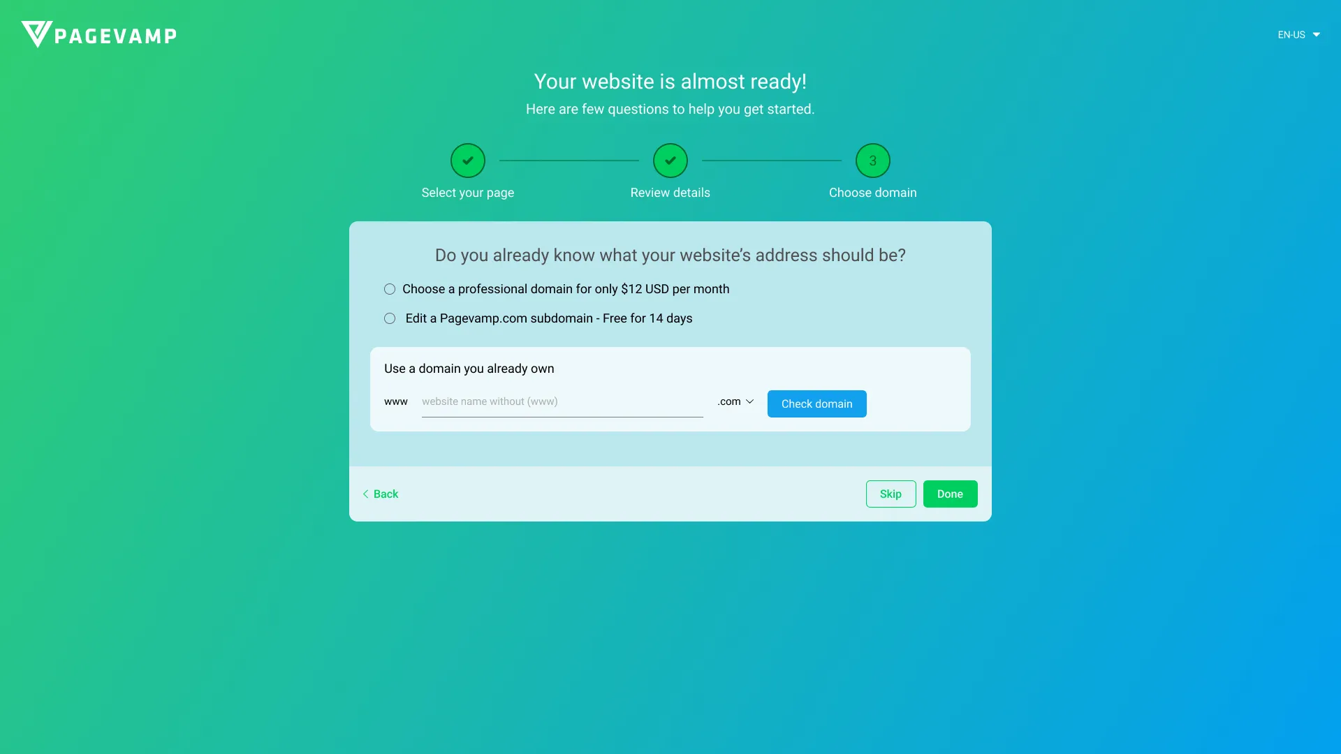 Onboarding screen for connecting a domain the user already owns