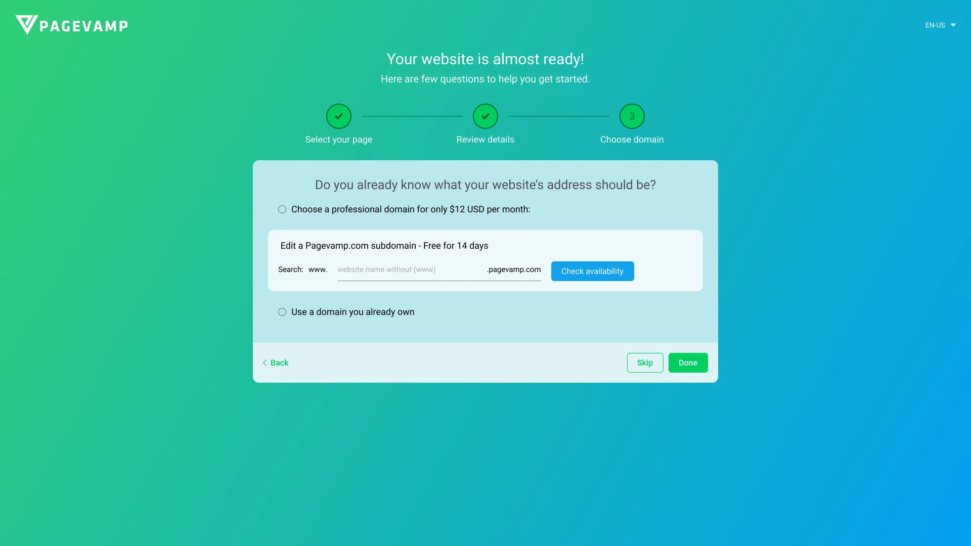 Onboarding screen for customizing Pagevamp's default subdomain