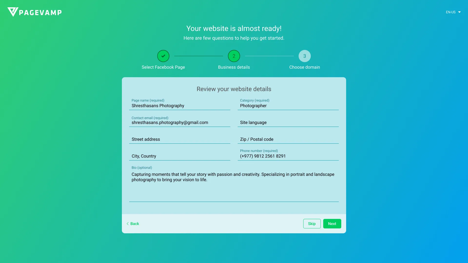 Onboarding screen showing website details prefilled from the linked Facebook Page for review