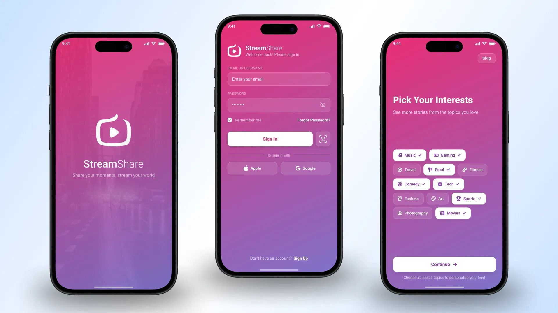 StreamShare splash screen, sign-in screen, and interest-picker onboarding screen shown side by side