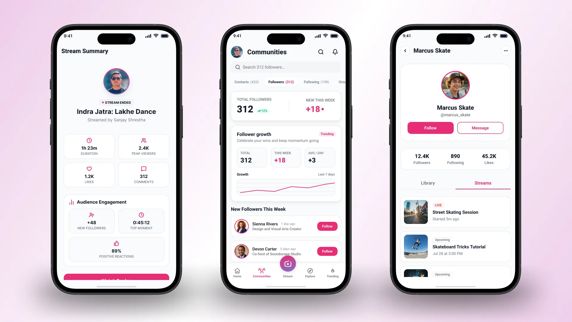 Post-stream summary screen with duration, peak viewers, and engagement stats, alongside a followers growth screen and a creator profile with live and upcoming streams