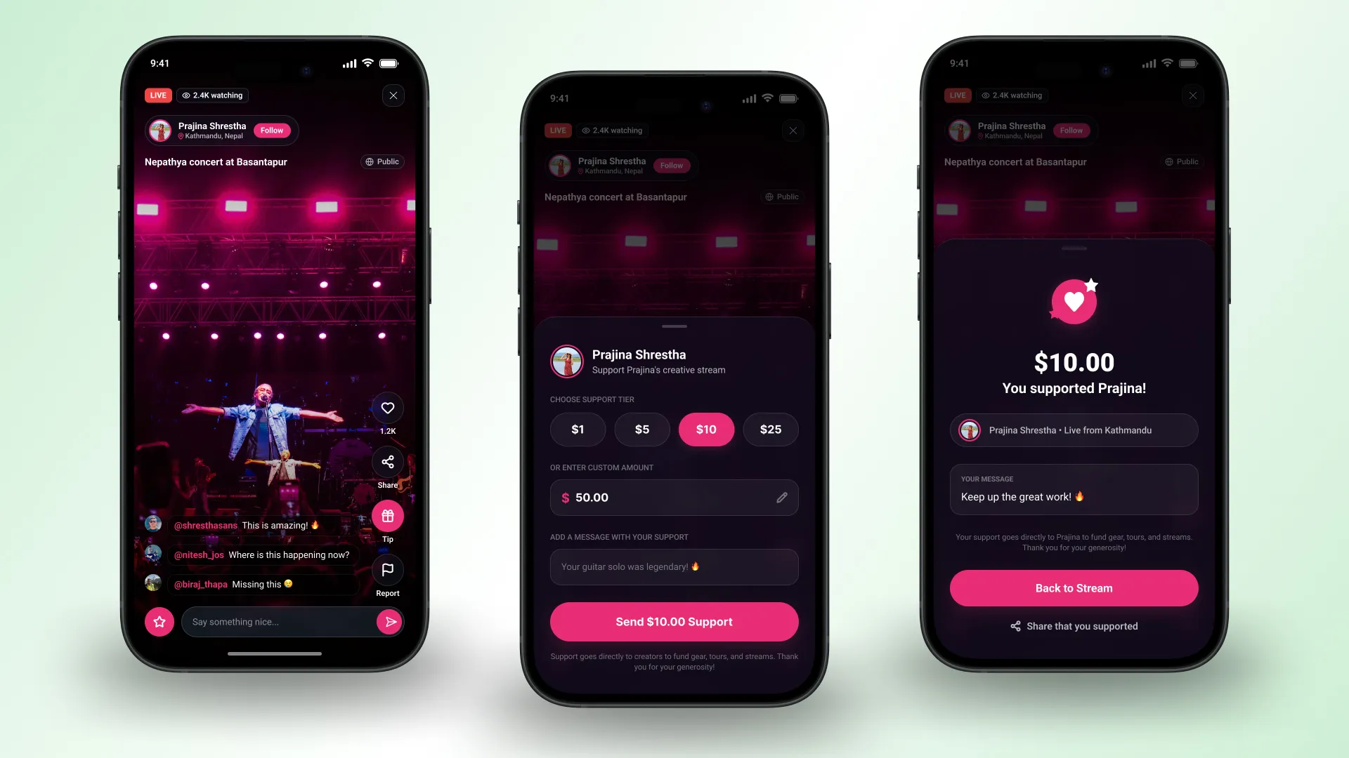 Live stream chat with a tip action, a support-tier picker with preset and custom amounts, and a support confirmation screen