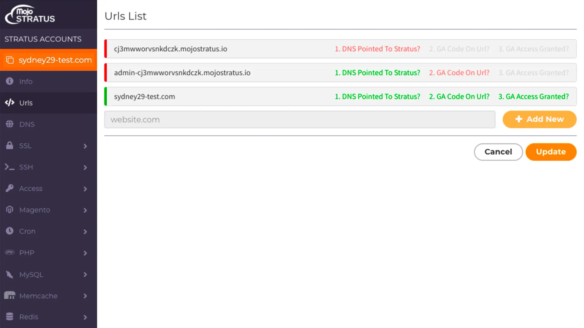 URLs list before redesign, restating the same three status checks on every row regardless of outcome